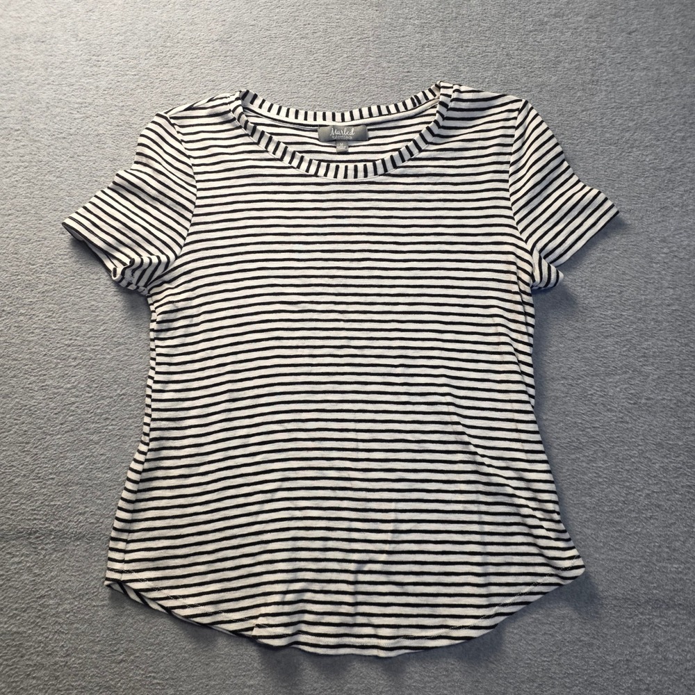 Marled Essentials Basic Knit Tee Womens Medium Black White Striped Short Sleeve